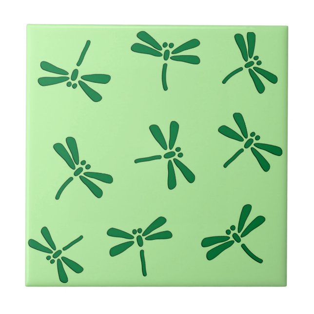 Japanese Dragonfly Pattern, Light Jade Green Ceramic Tile (Front)