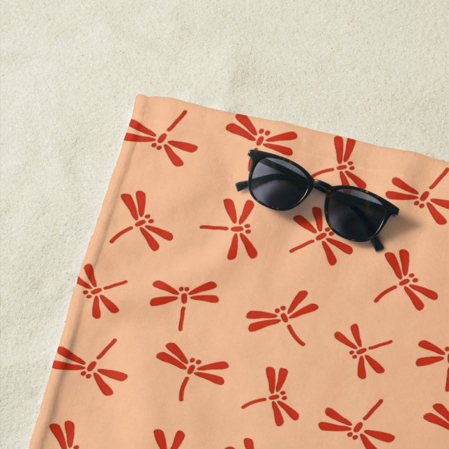 Japanese Dragonfly Pattern, Mandarin Orange Beach Towel (In Situ)