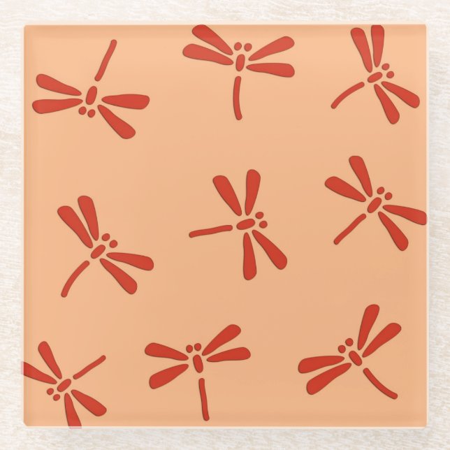 Japanese Dragonfly Pattern, Mandarin Orange Glass Coaster (Front)