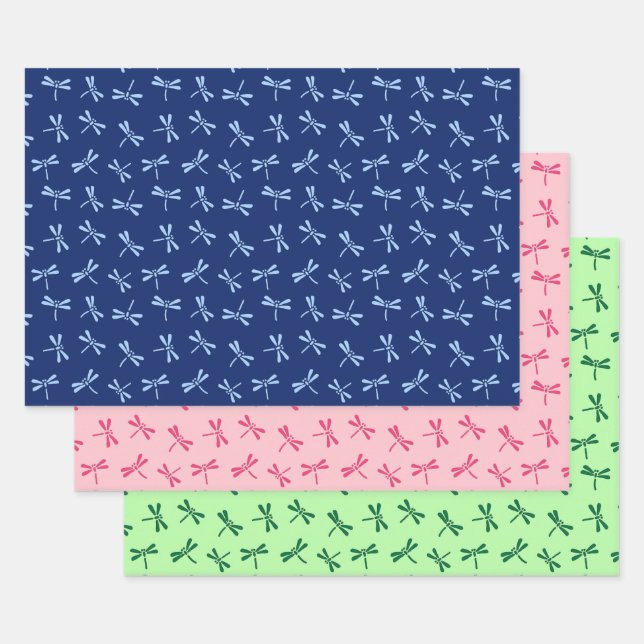 Japanese Dragonfly Pattern, Navy. Coral, Green Wrapping Paper Sheets (Set)
