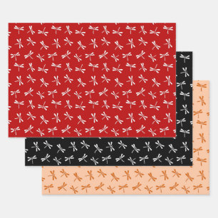 Japanese Dragonfly Pattern, Red, Black, Orange Wrapping Paper Sheets