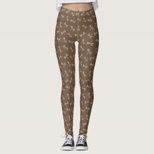 Japanese Dragonfly Pattern, Taupe Tan and Cream Leggings