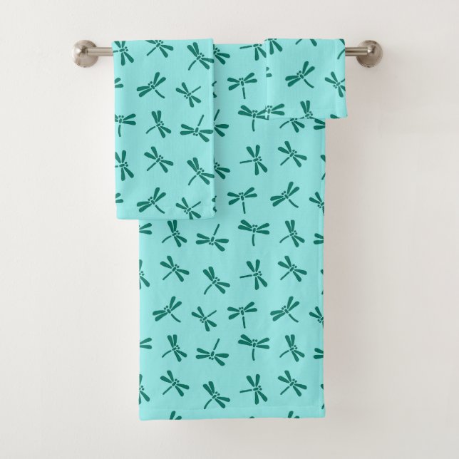 Japanese Dragonfly Pattern, Turquoise and Aqua Bath Towel Set (Insitu)
