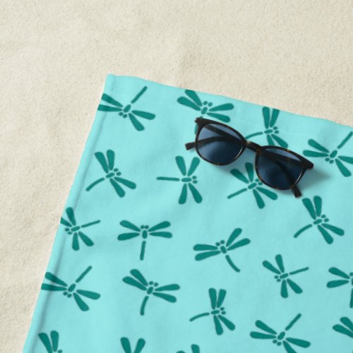 Japanese Dragonfly Pattern Turquoise and Aqua Beach Towel
