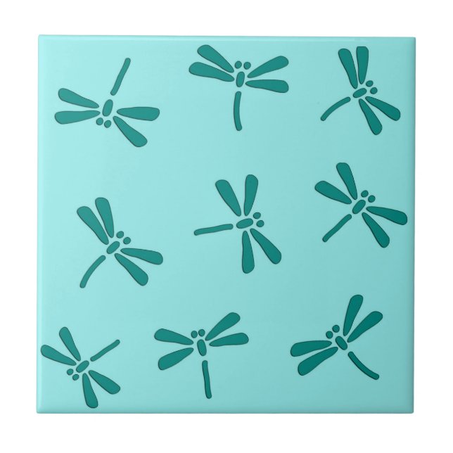 Japanese Dragonfly Pattern, Turquoise and Aqua Ceramic Tile (Front)