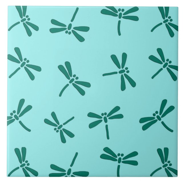 Japanese Dragonfly Pattern, Turquoise and Aqua Ceramic Tile (Front)