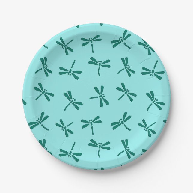 Japanese Dragonfly Pattern, Turquoise and Aqua Paper Plates (Front)