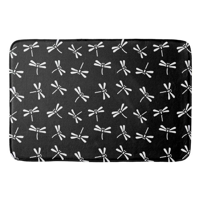 Japanese Dragonfly Pattern, White and Black Bathroom Mat (Front)