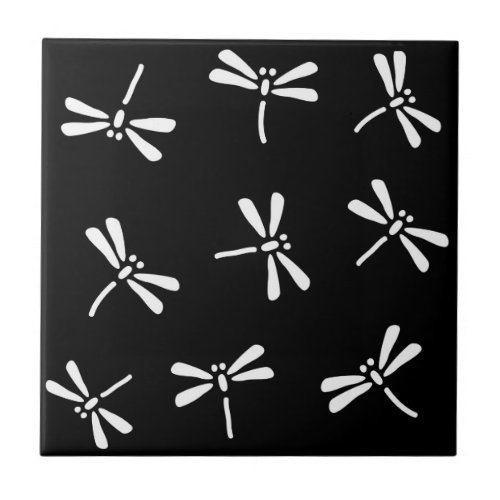 Japanese Dragonfly Pattern White and Black Ceramic Tile