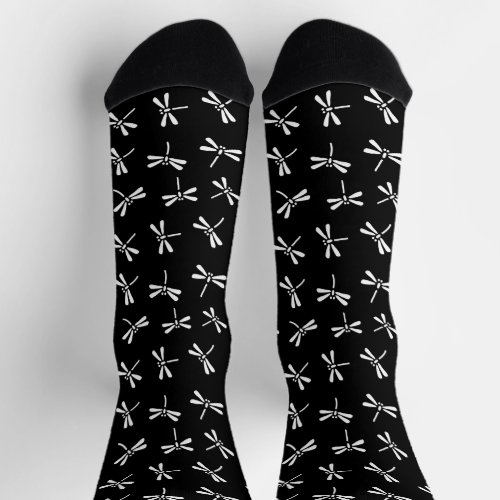 Japanese Dragonfly Pattern White on Black  Socks