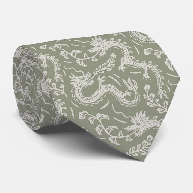 Japanese dragons block print sage green neck tie (Rolled)