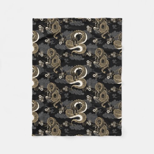 Japanese Dragons Pattern Black and Gold Fleece Blanket