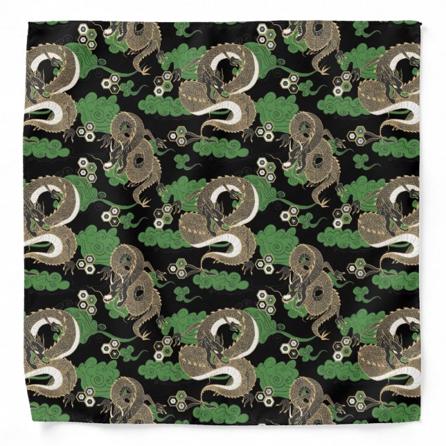 Japanese Dragons Pattern Black and Green Bandana (Front)