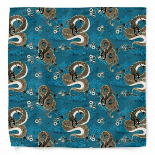 Japanese Dragons Pattern Blue and Gold Bandana