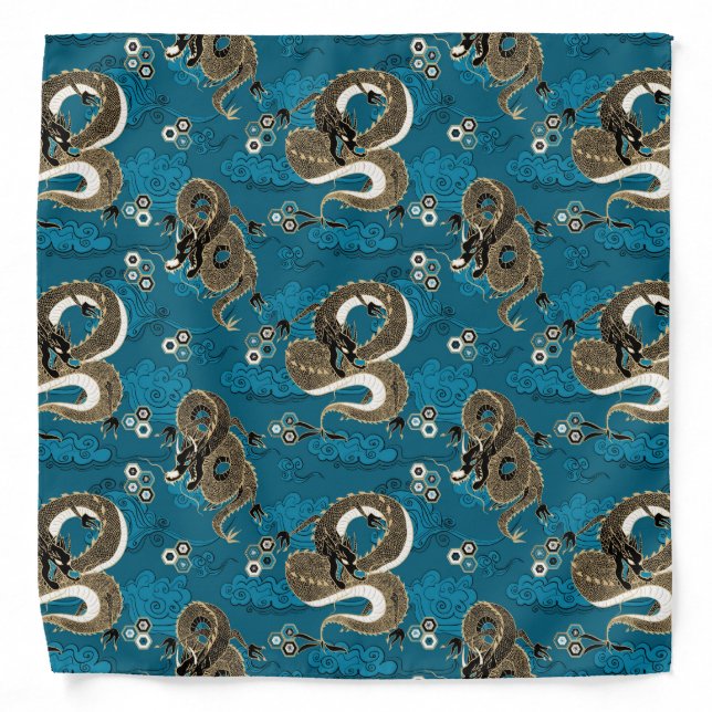 Japanese Dragons Pattern Blue and Gold Bandana (Front)