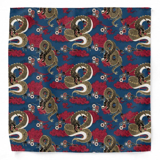 Japanese Dragons Pattern Red and Blue Bandana (Front)