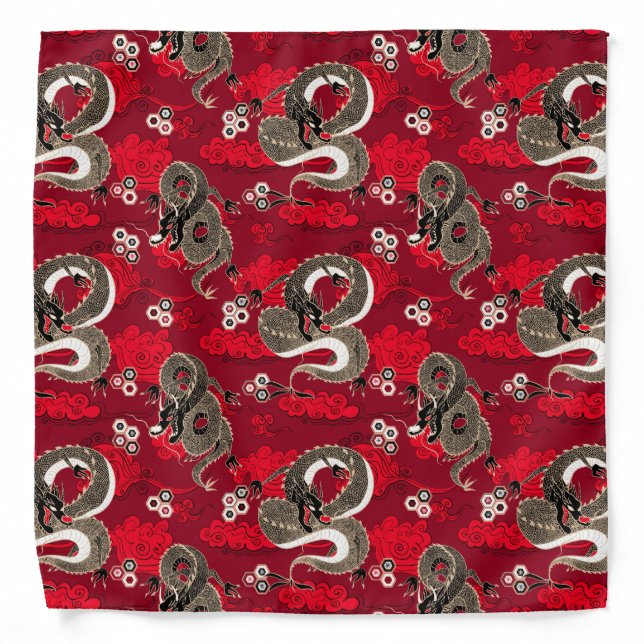 Japanese Dragons Pattern Red and Gold Bandana (Front)