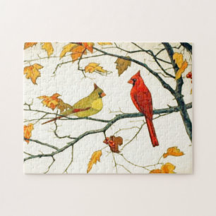Japanese Drawing, Cardinals on an Autumn Branch Jigsaw Puzzle