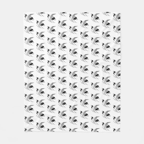 Japanese Drawing of a Crane Black and White Fleece Blanket