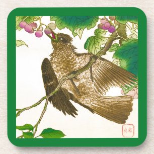 Japanese Drawing of Jay on a Grape Vine Drink Coaster