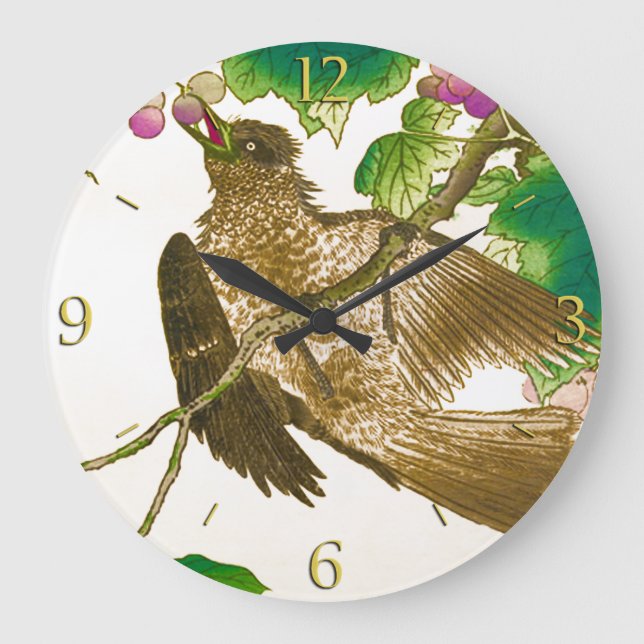 Japanese Drawing of Jay on a Grape Vine Large Clock (Front)