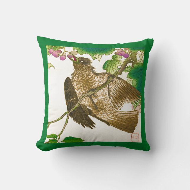 Japanese Drawing of Jay on a Grape Vine Throw Pillow (Front)