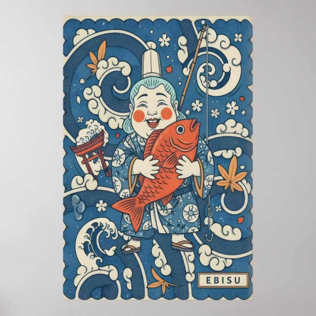 Japanese Ebisu Wall Art Smiling God with Fish and (Front)