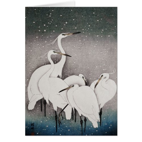Japanese Egrets Cranes Bird Winter Snow Art