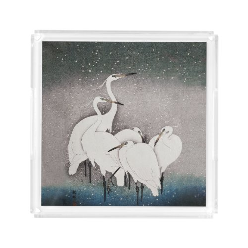 Japanese Egrets Cranes Bird Winter Snow Art Acrylic Tray