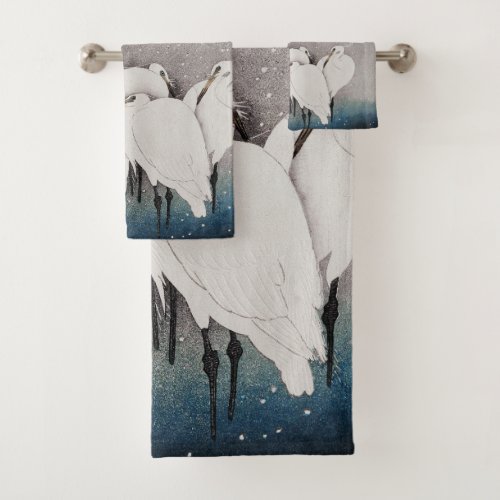Japanese Egrets Cranes Bird Winter Snow Art Bath Towel Set