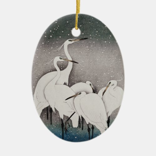 Japanese Egrets Cranes Bird Winter Snow Art Ceramic Ornament
