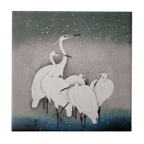 Japanese Egrets Cranes Bird Winter Snow Art Ceramic Tile