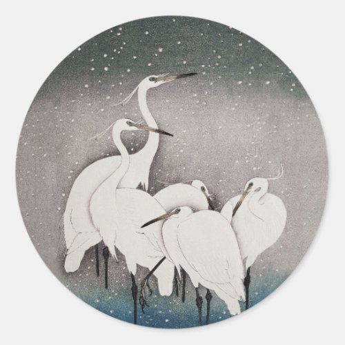 Japanese Egrets Cranes Bird Winter Snow Art Classic Round Sticker