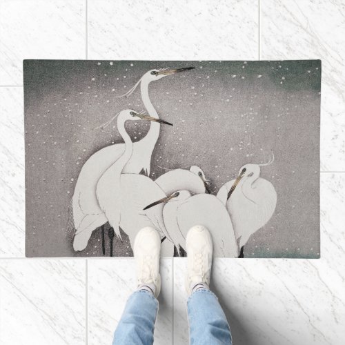 Japanese Egrets Cranes Bird Winter Snow Art Doormat