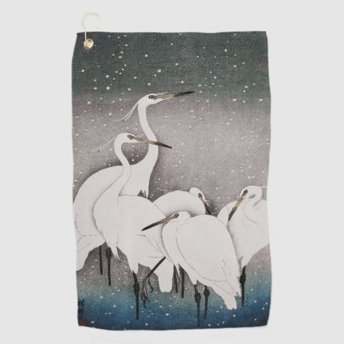 Japanese Egrets Cranes Bird Winter Snow Art Golf Towel