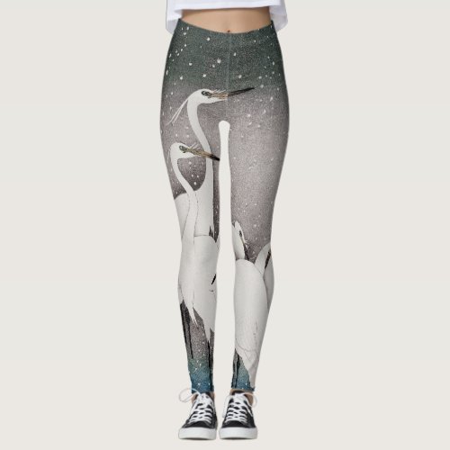 Japanese Egrets Cranes Bird Winter Snow Art Leggings