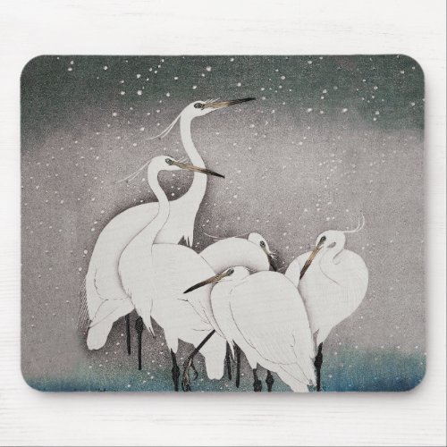 Japanese Egrets Cranes Bird Winter Snow Art Mouse Pad
