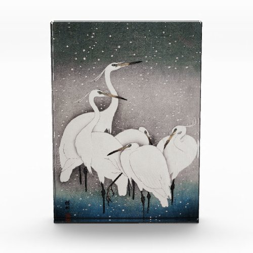 Japanese Egrets Cranes Bird Winter Snow Art Photo Block