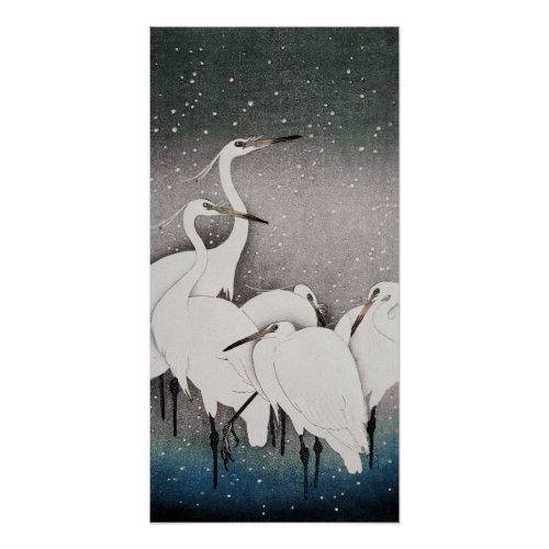 Japanese Egrets Cranes Bird Winter Snow Art Poster