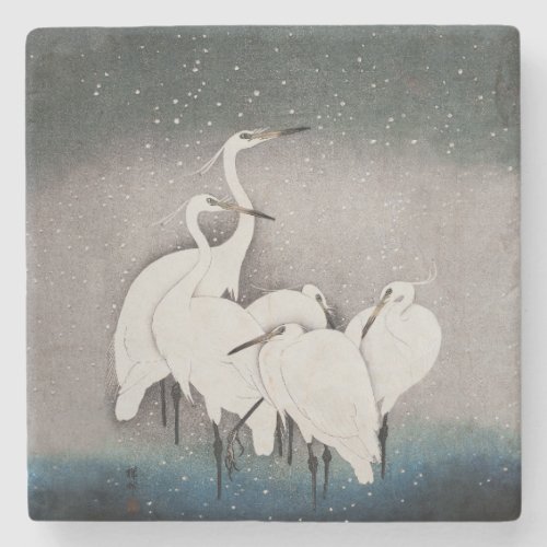Japanese Egrets Cranes Bird Winter Snow Art Stone Coaster