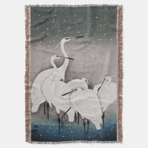 Japanese Egrets Cranes Bird Winter Snow Art Throw Blanket