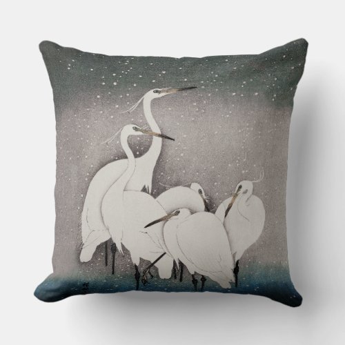 Japanese Egrets Cranes Bird Winter Snow Art Throw Pillow