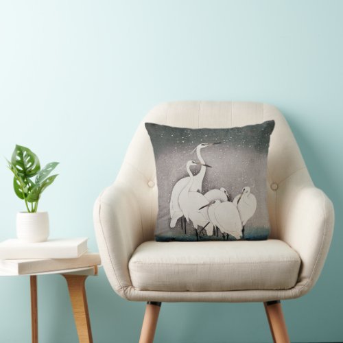 Japanese Egrets Cranes Bird Winter Snow Art Throw Pillow