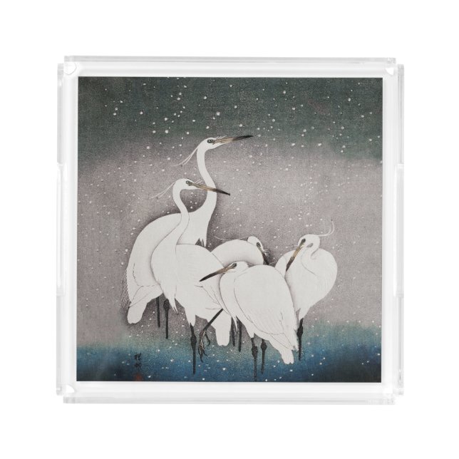 Japanese Egrets Koson Cranes Winter Snow Acrylic Tray (Front)