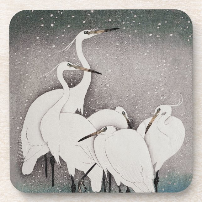 Japanese Egrets Koson Cranes Winter Snow Beverage Coaster (Front)