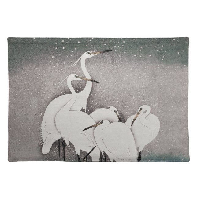 Japanese Egrets Koson Cranes Winter Snow Cloth Placemat (Front)