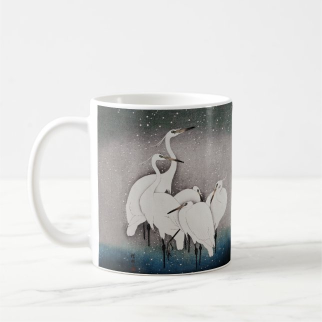 Japanese Egrets Koson Cranes Winter Snow Coffee Mug (Left)