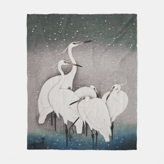 Japanese Egrets Koson Cranes Winter Snow Fleece Blanket (Front)