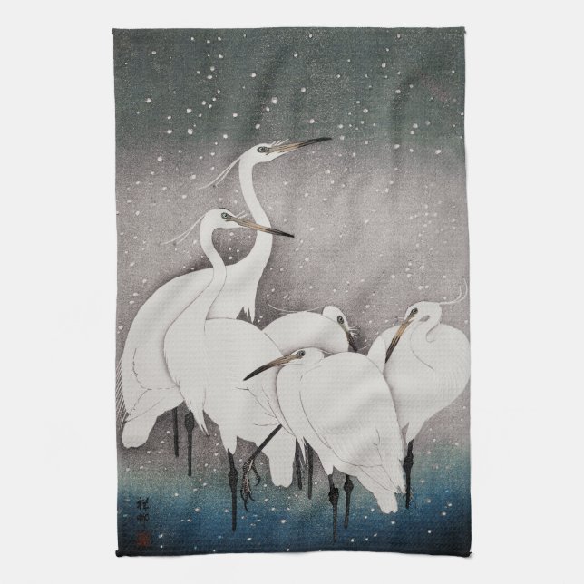 Japanese Egrets Koson Cranes Winter Snow Kitchen Towel (Vertical)