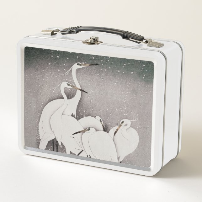 Japanese Egrets Koson Cranes Winter Snow Metal Lunch Box (Front)